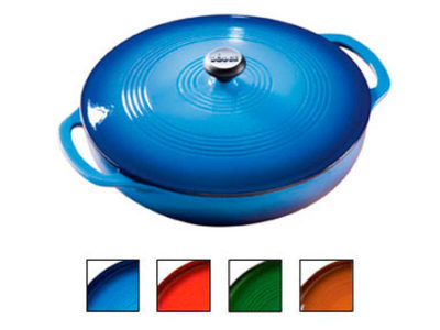 A blue cast iron skillet with a lid.