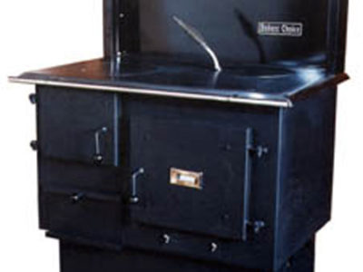 A black stove with a door on it.