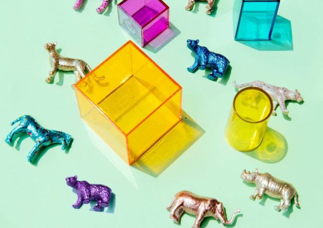 Colorful toy animals and blocks.